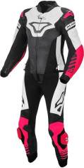 Combinezon Moto Piele 2 Piese Dama TRACKTIX Black/White/Pink