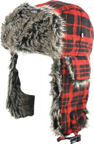 Trooper Hat Gray Fur BuFFalo Plaid One Size Wth068