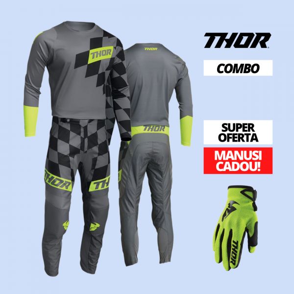 Combo MX Enduro Thor Combo Tricou + Pantaloni Sector Birdrock Grey/Acid + Manusi Sector Acid