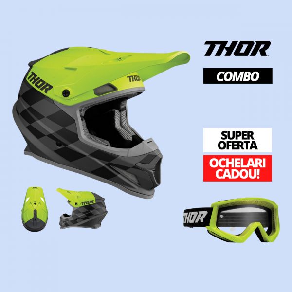 Combo MX Enduro Thor Casca Enduro Sector Birdrock Grey/Acid + Ochelari Combat Green