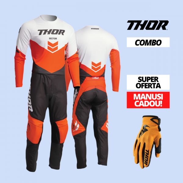 Combo MX Enduro Thor Combo Tricou + Pantaloni Sector Chev Charcoal/Red/Orange + Manusi Sector Orange