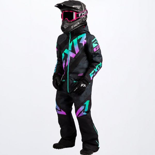Kids Monosuits FXR Youth Snowmobil Monosuit CX Black Camo/Mint-E Pink Fade