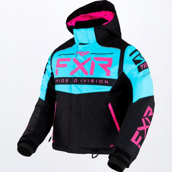  FXR Youth Snowmobil Jacket Helium Black/Sky Blue/Elec Pink