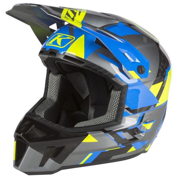 Casti Cross-Enduro Klim Casca Snowmobil F3 Carbon ECE Raid Electric Blue Lemonade/Hi-Vis