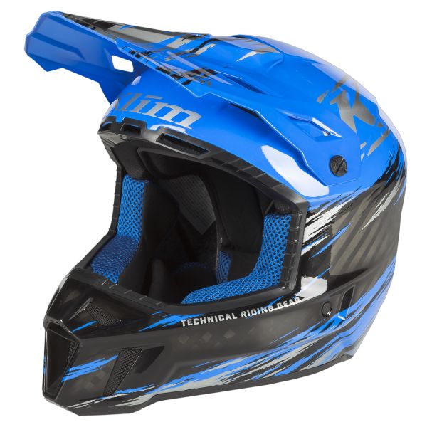 Helmets Klim F3 Carbon Pro Snowmobil Helmet ECE Thrashed Electric Blue Lemonade/Metallic Silver